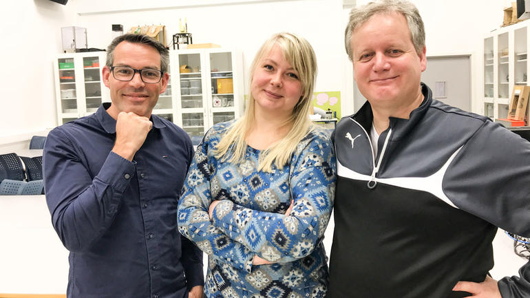 F.v: Marius Tannum, Marie Bastesen og Knut Yrvin besøker videregående skoler. Foto
