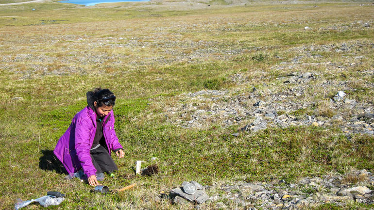 Doktorgradsstipendiat Gauri Bandekar tar jordprøvar på Nordkapp. (Foto: Arvid Odland)