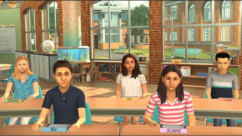 De fem elev-avatarene styres av en trent skuespiller som gir studentene utfordringer tilpasset deres ferdighetsnivå