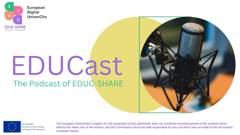 bilde av ein mikrofon pluss EDUC-logfoen + EU-flagget og teksten Erasmus+