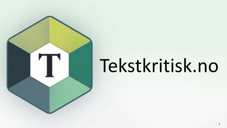 læringsverktøyets logo, bokstaven T i en fargerik heksagon, og ved siden av står det "Tekstkritisk.no". Illustrasjon