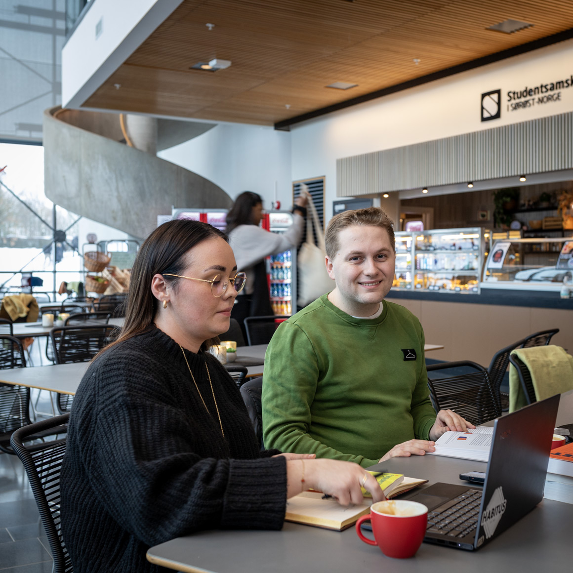 Camilla og Ola studerer sosiologi på campus Vestfold. Her diskuterer de fag i fellesområdet. Hun har briller han har grønn genser.